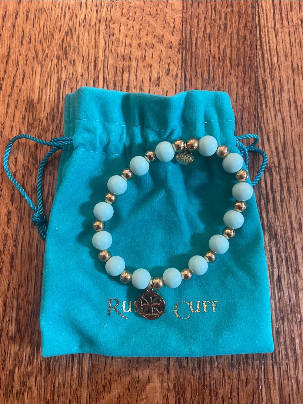 Rustic Cuff Aqua Beaded Stretch Bracelet with Gold Accents